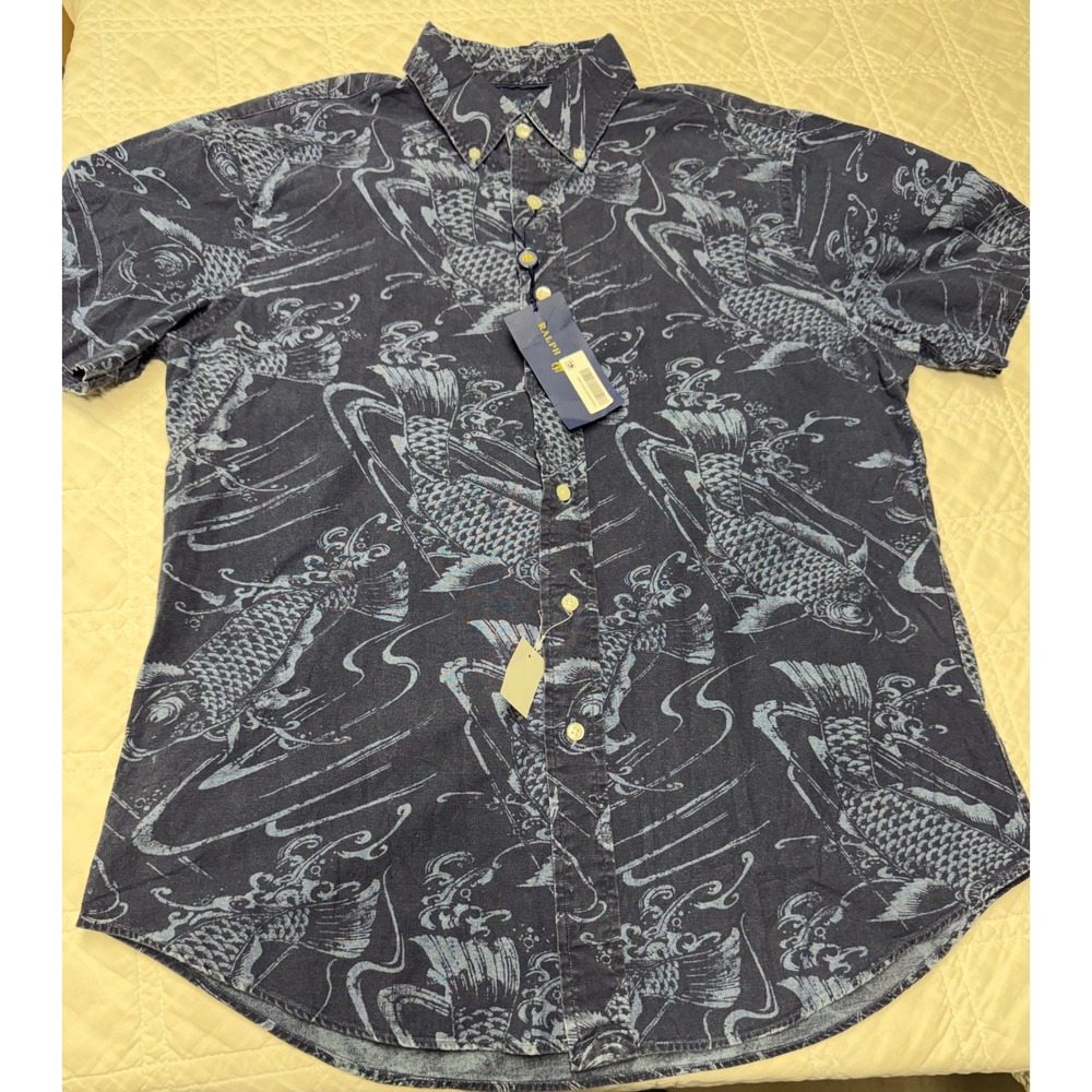 Ralph Lauren Button Down Shirt Mens L Navy Blue Koi Fish Slim Fit Short Sleeve
